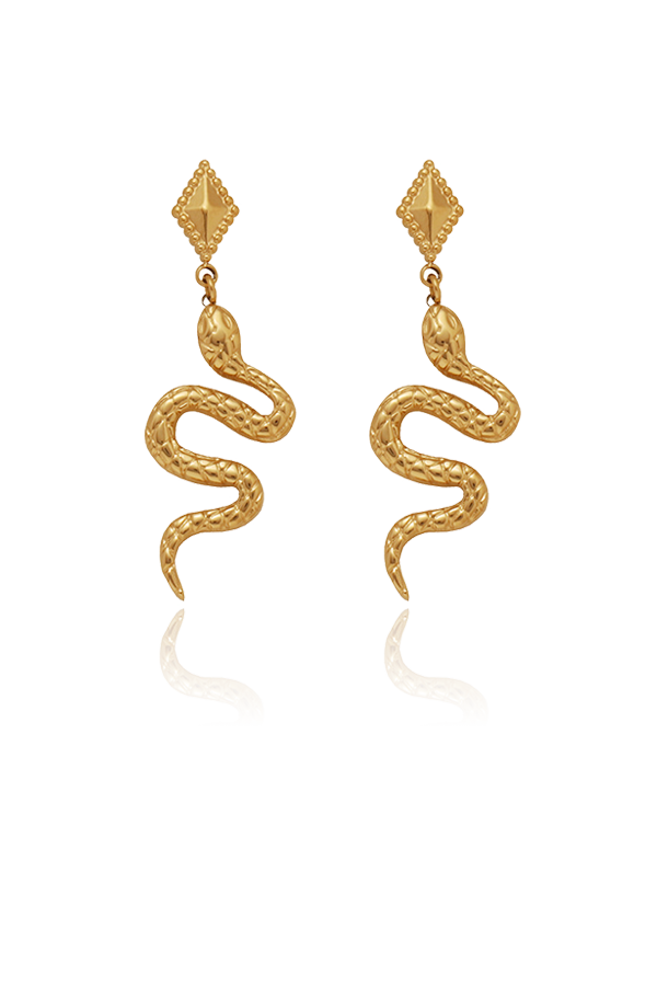 Snake shape fashion gold earrings for woman with white background.