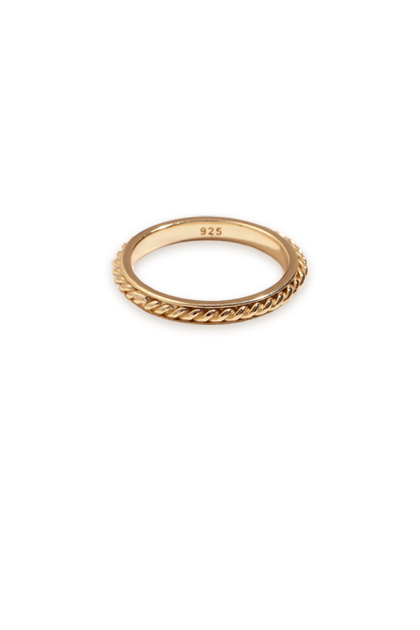 Special twisted design gold ring with white background.