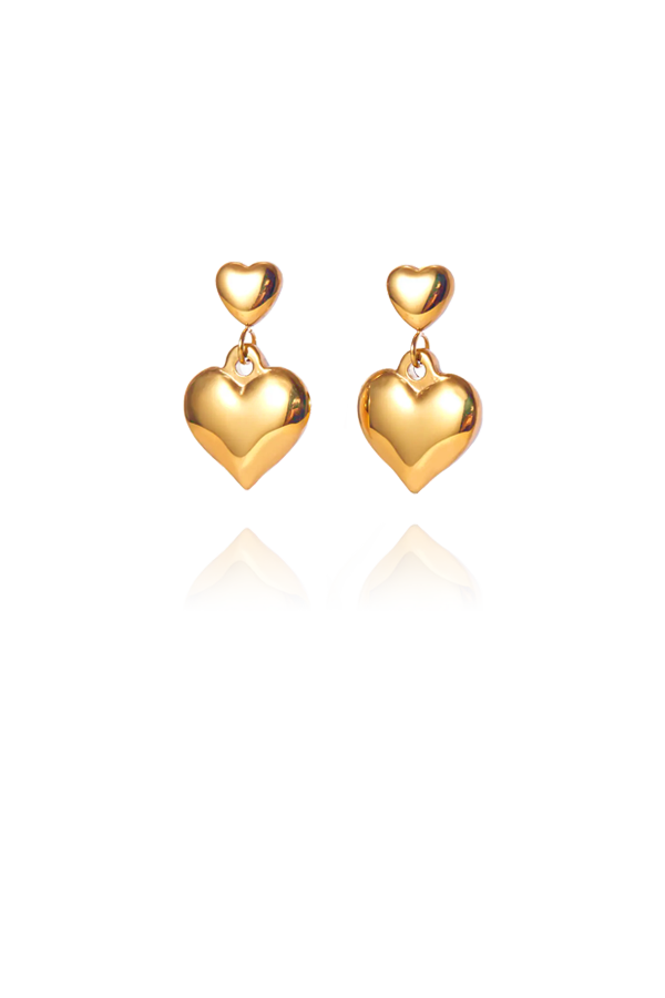 A pair of gold duo heart shaped earrings with a small heart at the top and a big heart at the bottom on each side without background 