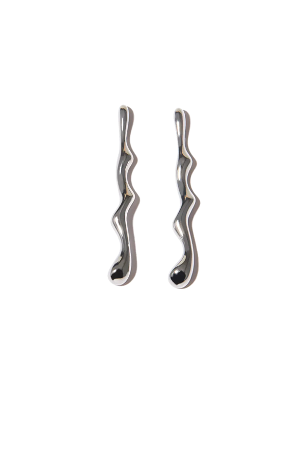 A pair or irreguar silver drop earrings without background.
