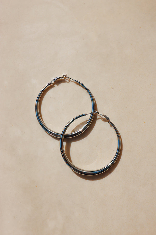 Hypoallergenic stainless steel hoop earrings shining under the sunlight, perfect for everyday wear.