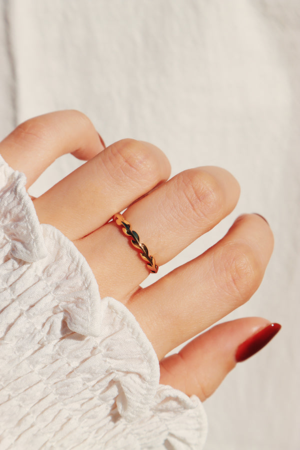 Woman wearing tarnish free beautiful gold ring for wedding.