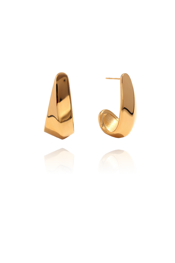 A pair of shiny gold modern hook earrings with a sleek, abstract, and polished design, shown without background as a product photo.