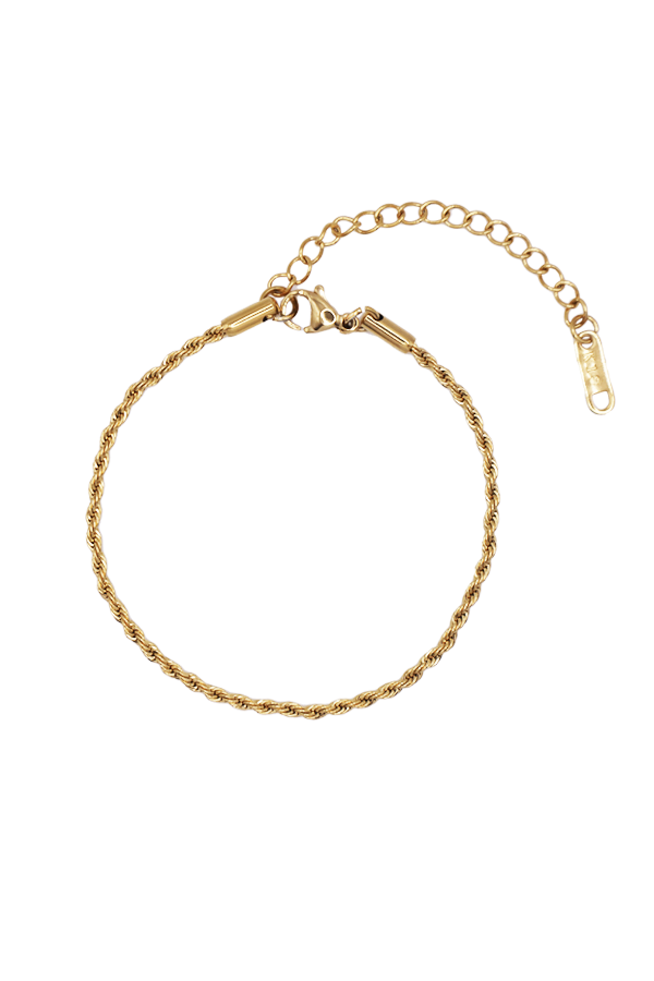 A single classic gold rope chain bracelet with a clasp and extender chain, shown flat without background.