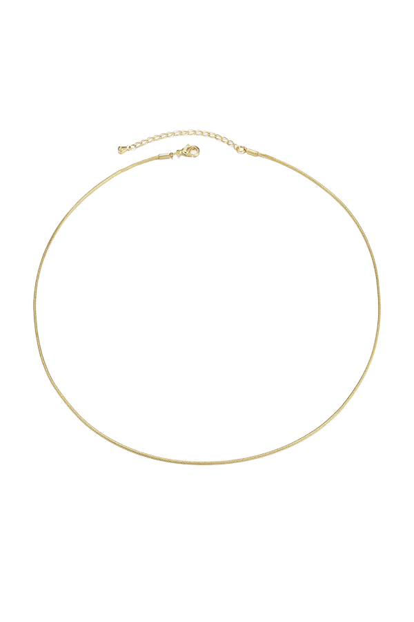 A single smooth round gold snake chain necklace, shown flat without background.