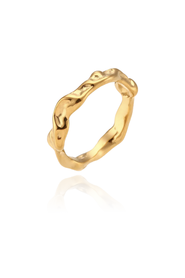 A product image of an irregularly shaped gold ring, displayed flat to highlight its design. The ring features a fluid, organic shape with a polished finish, creating a distinctive and contemporary piece perfect for making a fashion statement.