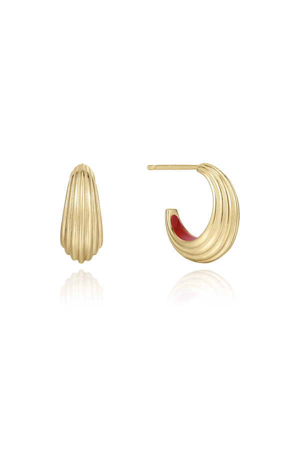 Small ribbed gold hoops with red on the inside