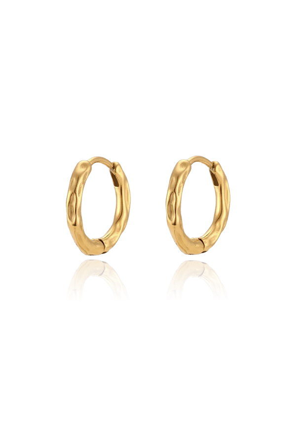 A pair of small gold hoop earrings with a distinctive hammered or textured finish, shown without background.