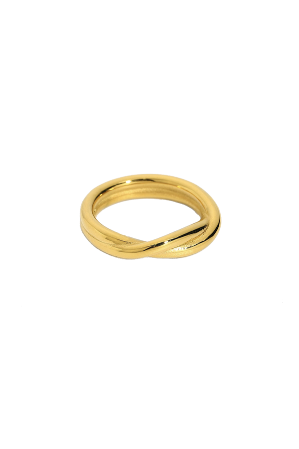 A single bold gold entwined or twisted band ring, shown as a product shot without background.