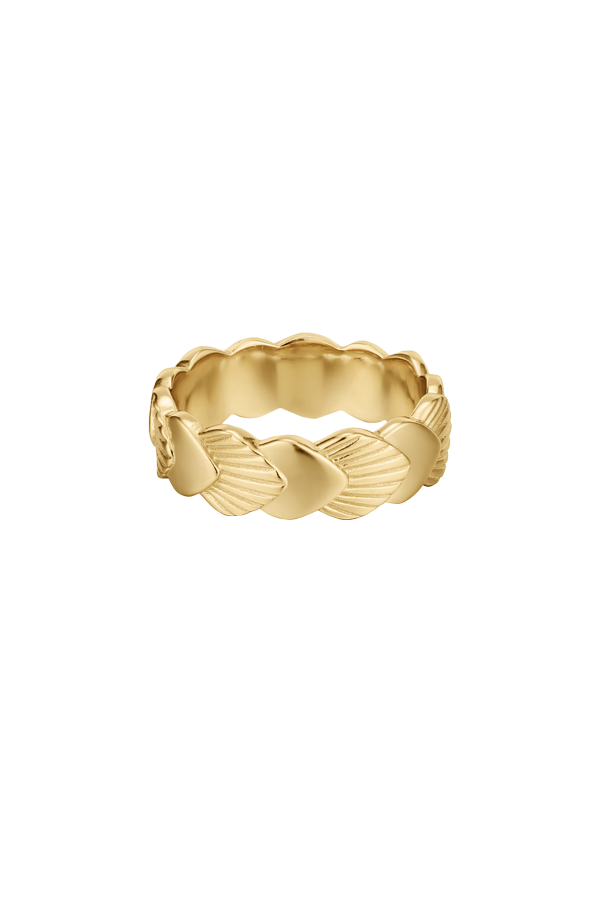 A standalone image of a wide gold ring with a continuous design of interlocking, textured fan or shell shapes, presented on a plain white background.