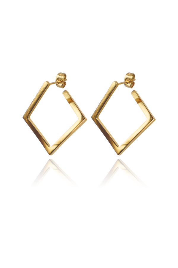 A pair of large, minimalist square gold hoop earrings, shown from multiple angles as a product shot without background.