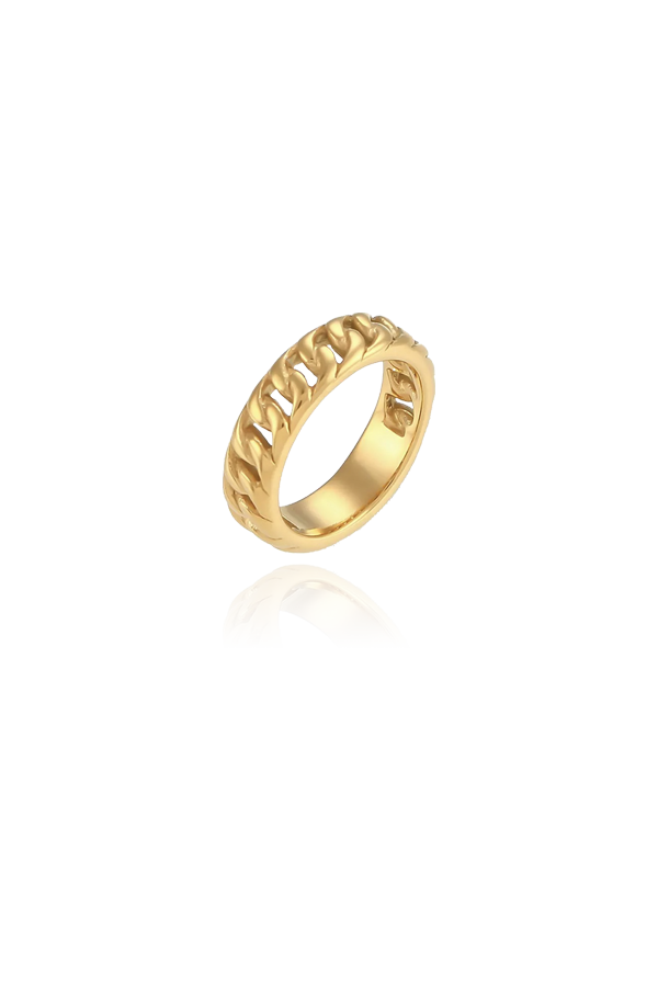 Gold chain ring with white background.