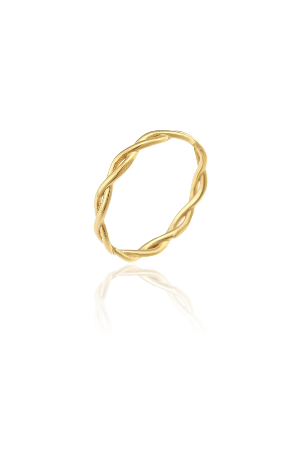 A product image of a gold woven ring, displayed flat to highlight its design. The ring features a beautifully braided pattern, with each strand interwoven to create a stylish and modern piece that is perfect for stacking.