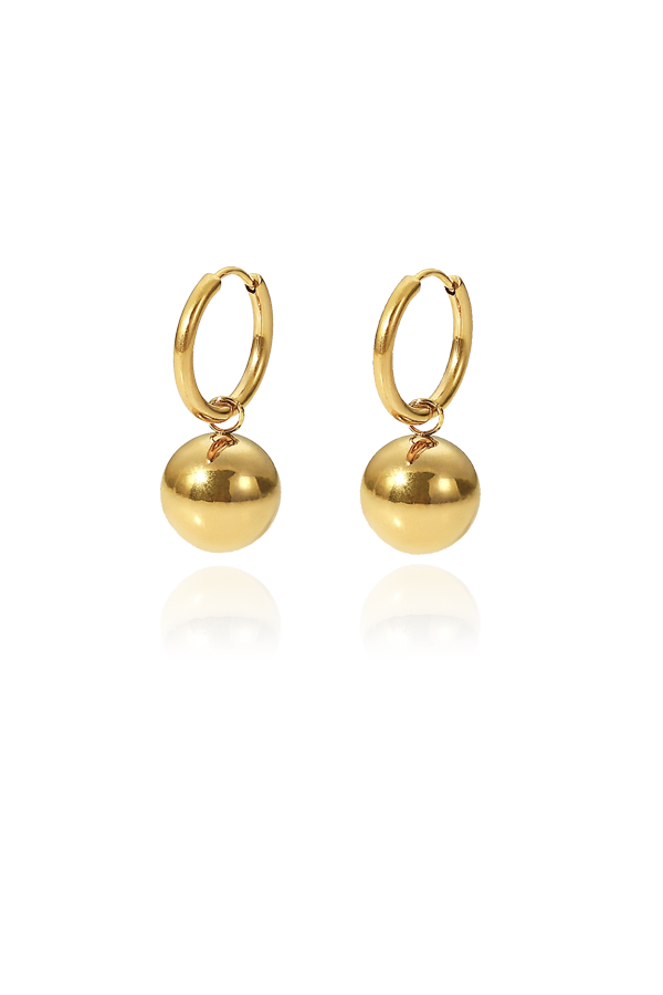A pair of gold hoop earrings with large, solid polished gold ball dangles, shown from multiple angles as a product shot without background.