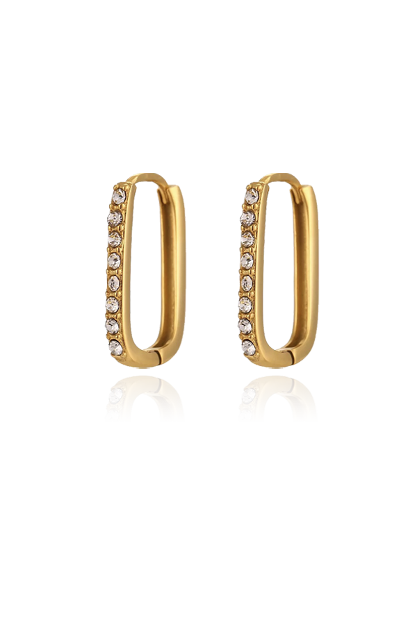 A standalone image of a pair of rectangular gold hoop earrings, each featuring a line of sparkling clear cubic zirconia stones along one side. They are presented on a white background with reflections below.