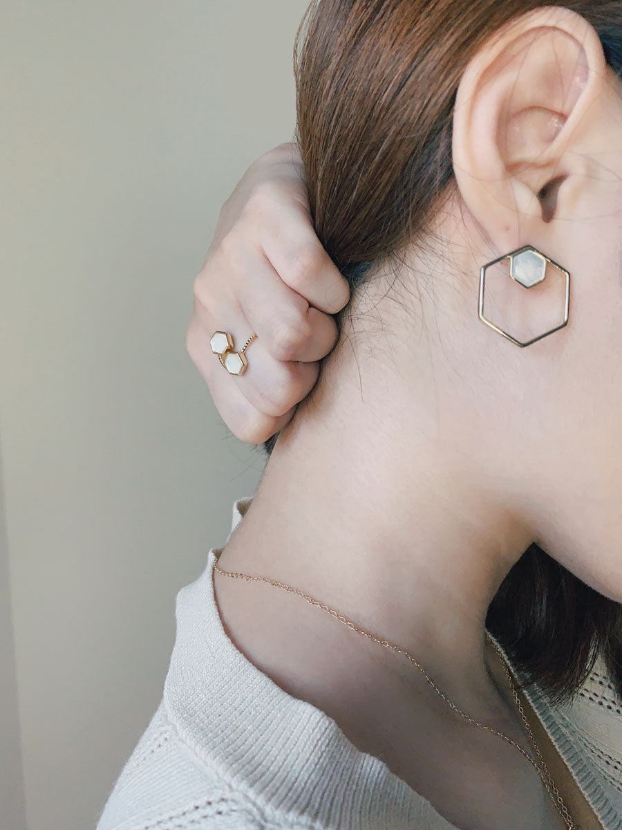 Hexagon mother or pearl studs and duo ring