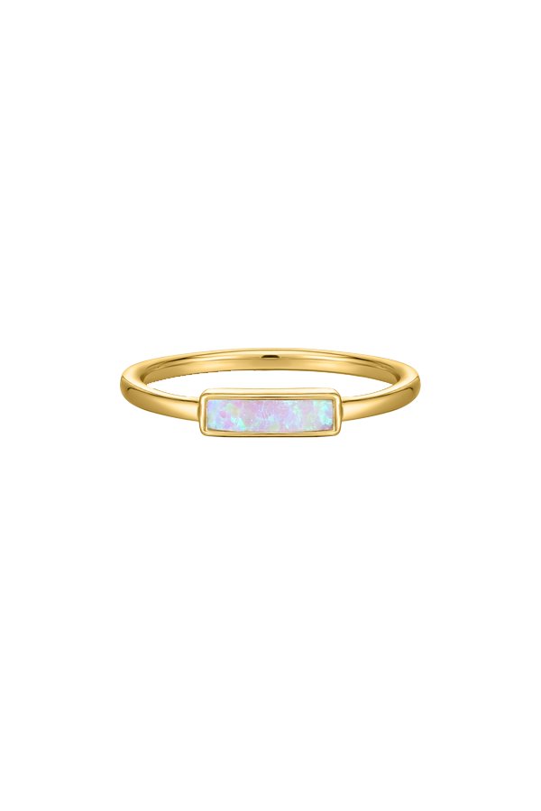 A standalone image of a slim gold ring featuring a horizontally set oblong opal stone, presented on a plain white background. The opal shows hints of pink and blue iridescence.