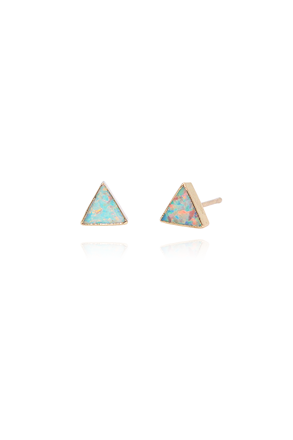 A standalone image of two pairs of gold-toned triangle stud earrings, each featuring an iridescent blue and pink opal inlay. They are displayed symmetrically on a black background with reflections below.