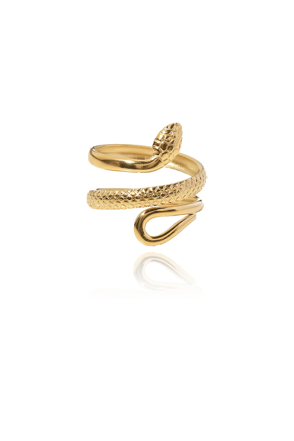 A gold serpentine ring, coiled in a modern design with textured scales on one part and a smooth, polished section, shown without background.