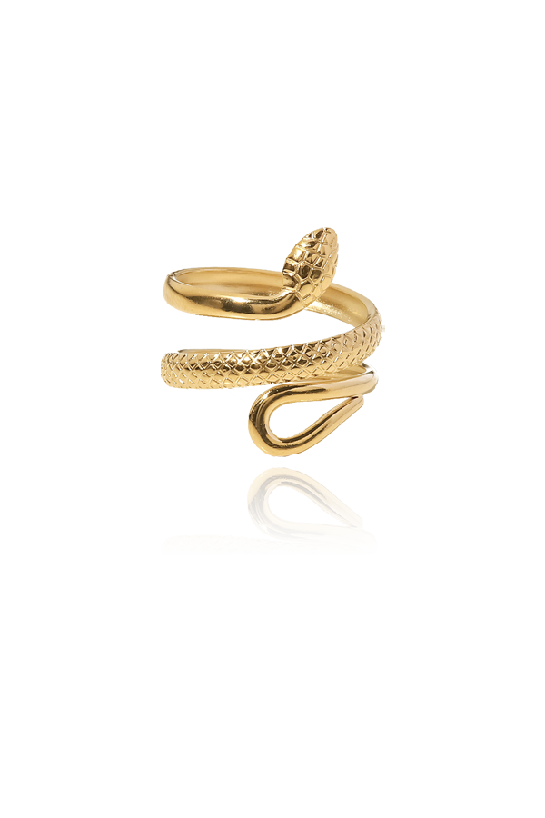 Gold plated serpentine ring with white background