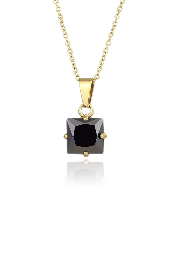A standalone image of a gold chain necklace with a square-cut black rhinestone pendant, set against a plain white background with a reflection below.