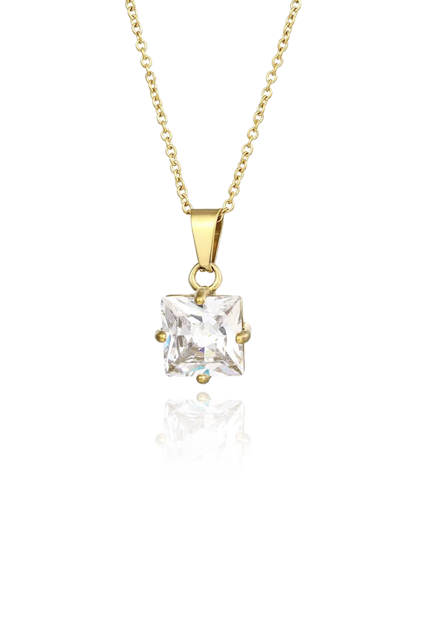 A standalone image of a gold chain necklace with a square-cut clear rhinestone pendant, set against a plain white background with a reflection below.