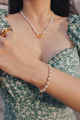 Woman wearing stylish freshwater pearl bracelet