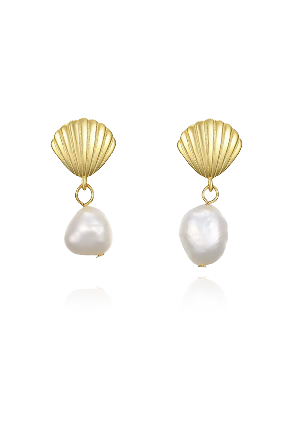 Gold shell and freshwater pearl drop earrings for beach style