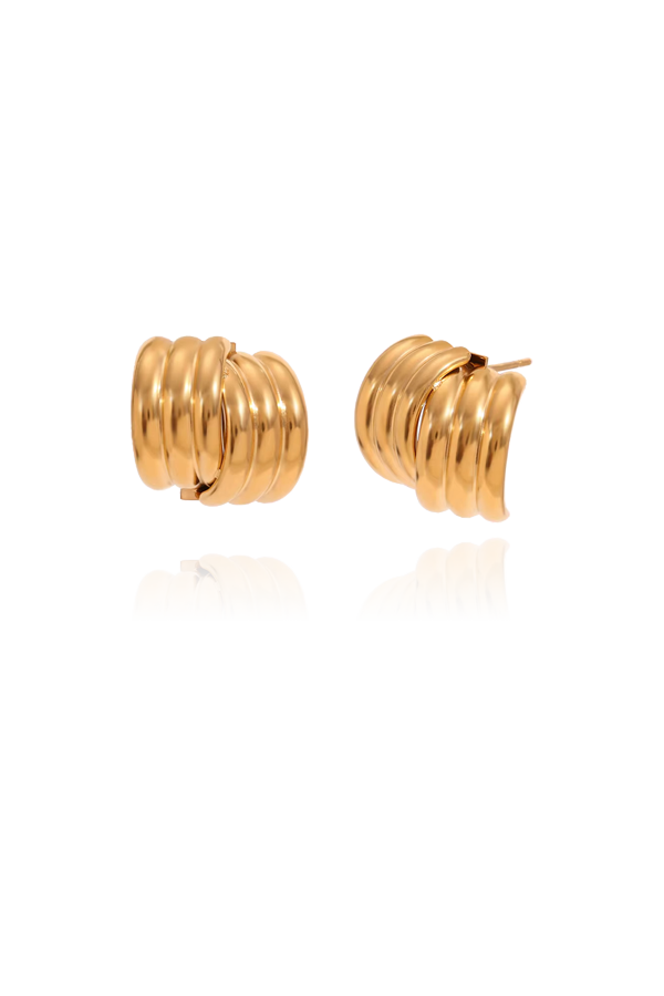 Pair of vintage-inspired layered gold hoop earrings with a polished finish, displayed on a white background to showcase their smooth and sophisticated design.