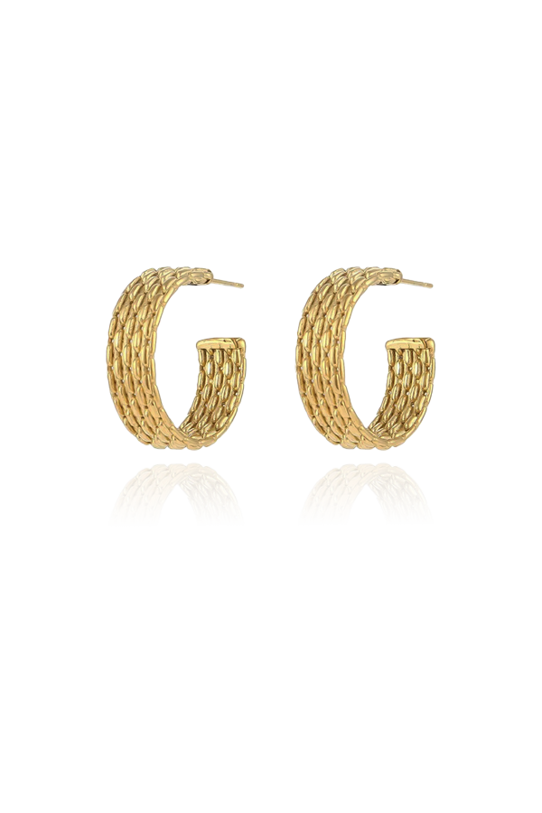  A product image of textured gold half hoop earrings, displayed flat to highlight their design. The earrings have a rich, woven-like texture that covers the entire surface, giving them a bold and sophisticated appearance.