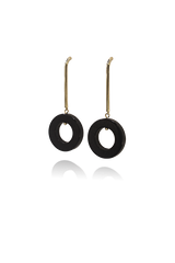 Black onyx circle earrings at an angle