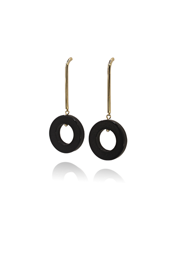 Black onyx circle earrings at an angle