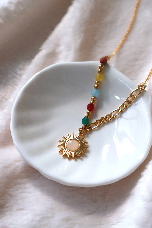 Cuteness opal sun necklace put on a white porcelain plate