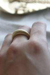 Two tone ribber gold ring on middle finger from SH & Co. Jewelry