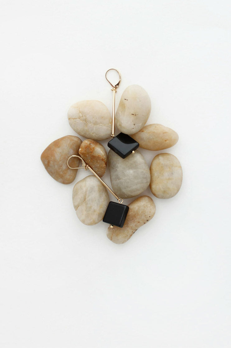 Pair of black onyx square earrings on stones