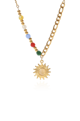Colorful beats and gemstone sun necklace with white background