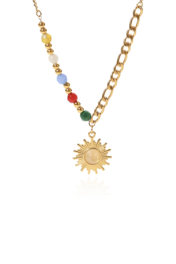 Colorful beats and gemstone sun necklace with white background