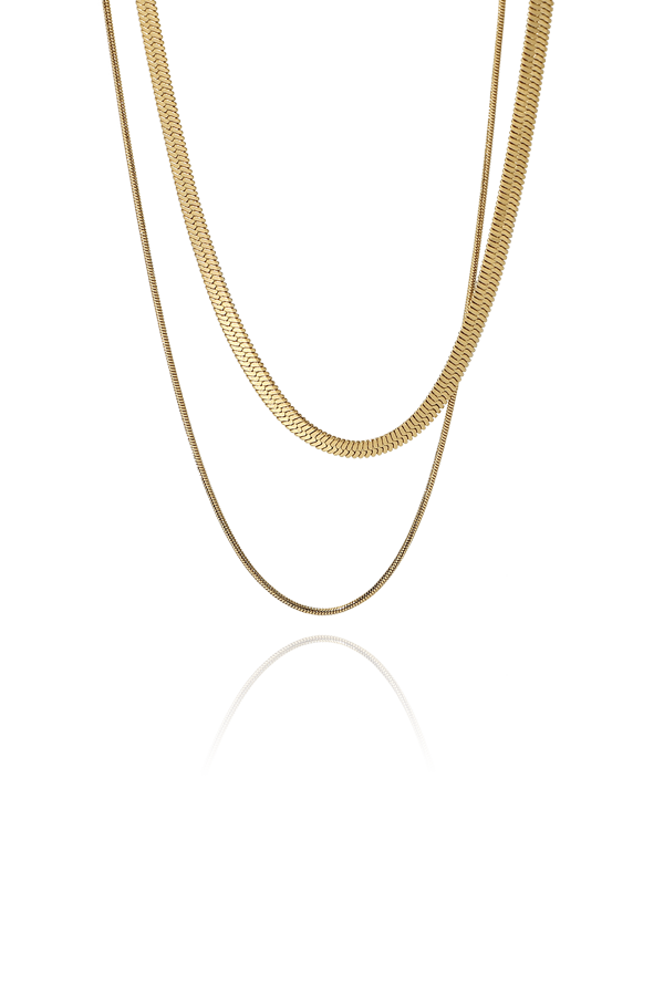Layered snake chain necklace with white background