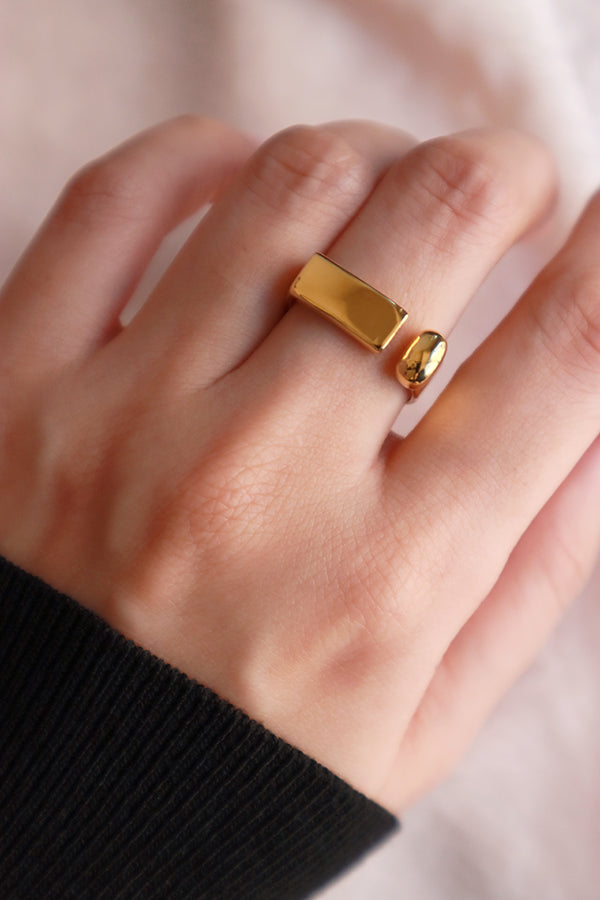 Model shows minimalist gold ring to the camera
