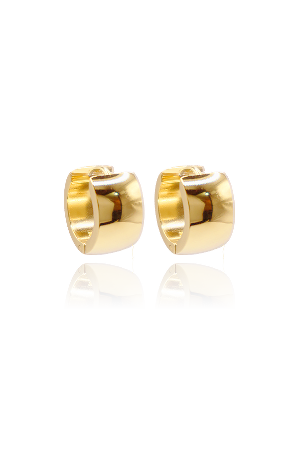 A pair of polished gold wide huggie hoop earrings, featuring a bold and rounded design, shown from multiple angles as a product shot without background.