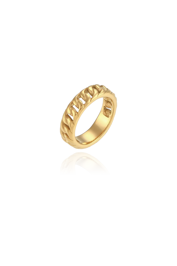 Gold chain ring with white background