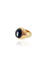 Black agate gemstone gold ring with white background