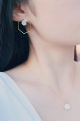 Mother of pearl hexagon earrings and necklace on model