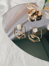 Hexagon mother of pearl earrings and gold rings from USA