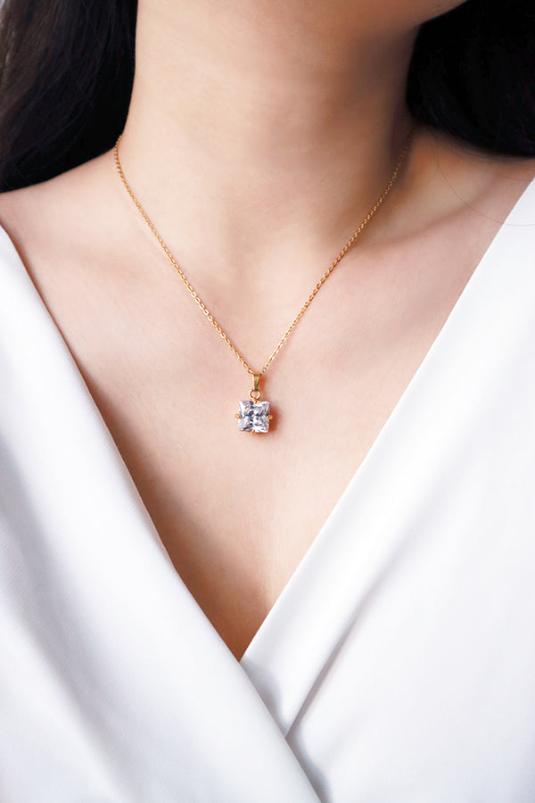 Asian woman wearing a tarnish free rhinestone necklace