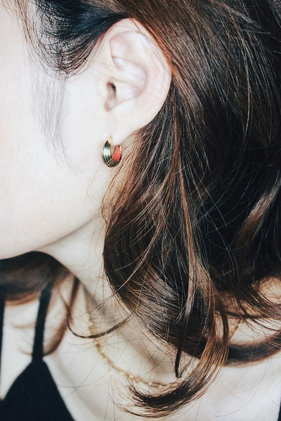 Cute ribbed gold hoops with red on the inside from SH & Co.