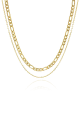 Gold plated figaro layered necklace with white background