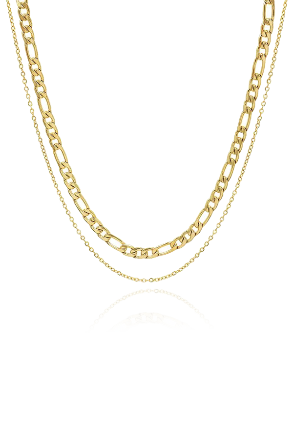Gold plated figaro layered necklace with white background